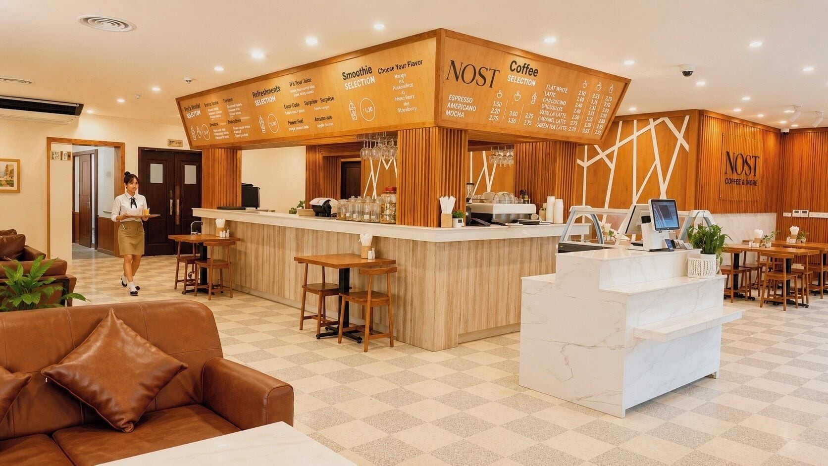 A coffee shop with a counter, seating area, and a reception desk.