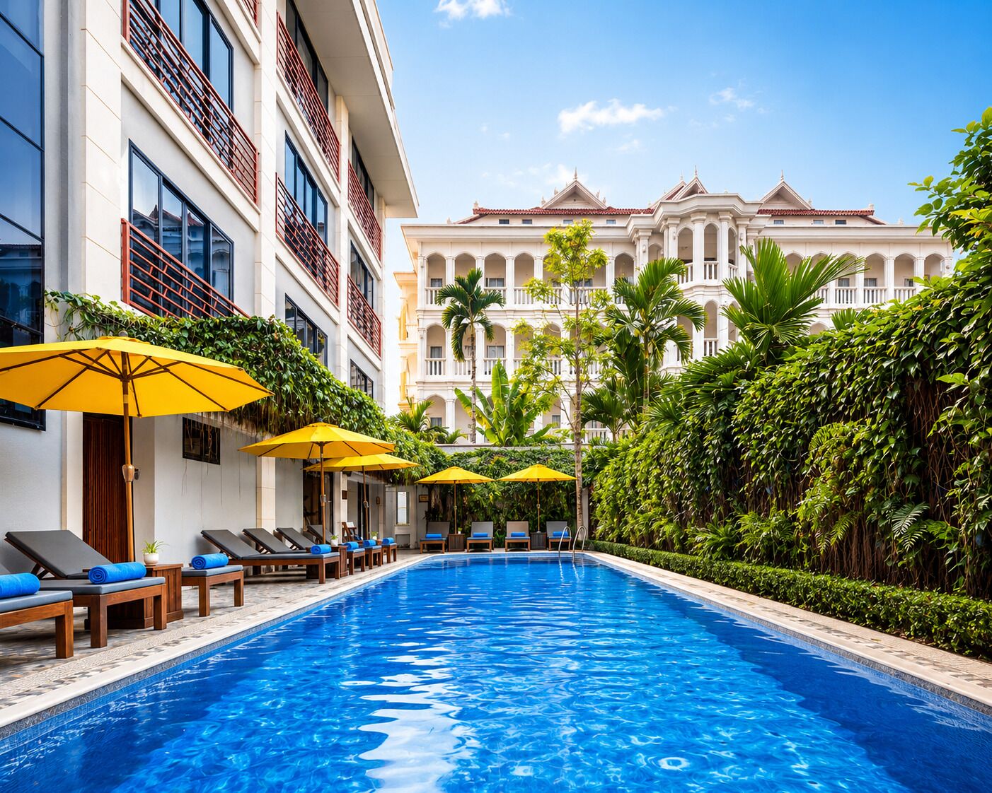 Outdoor pool, pool umbrellas, pool loungers
