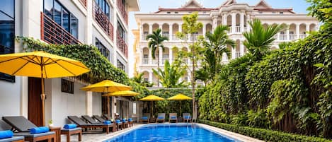 Outdoor pool, pool umbrellas, pool loungers