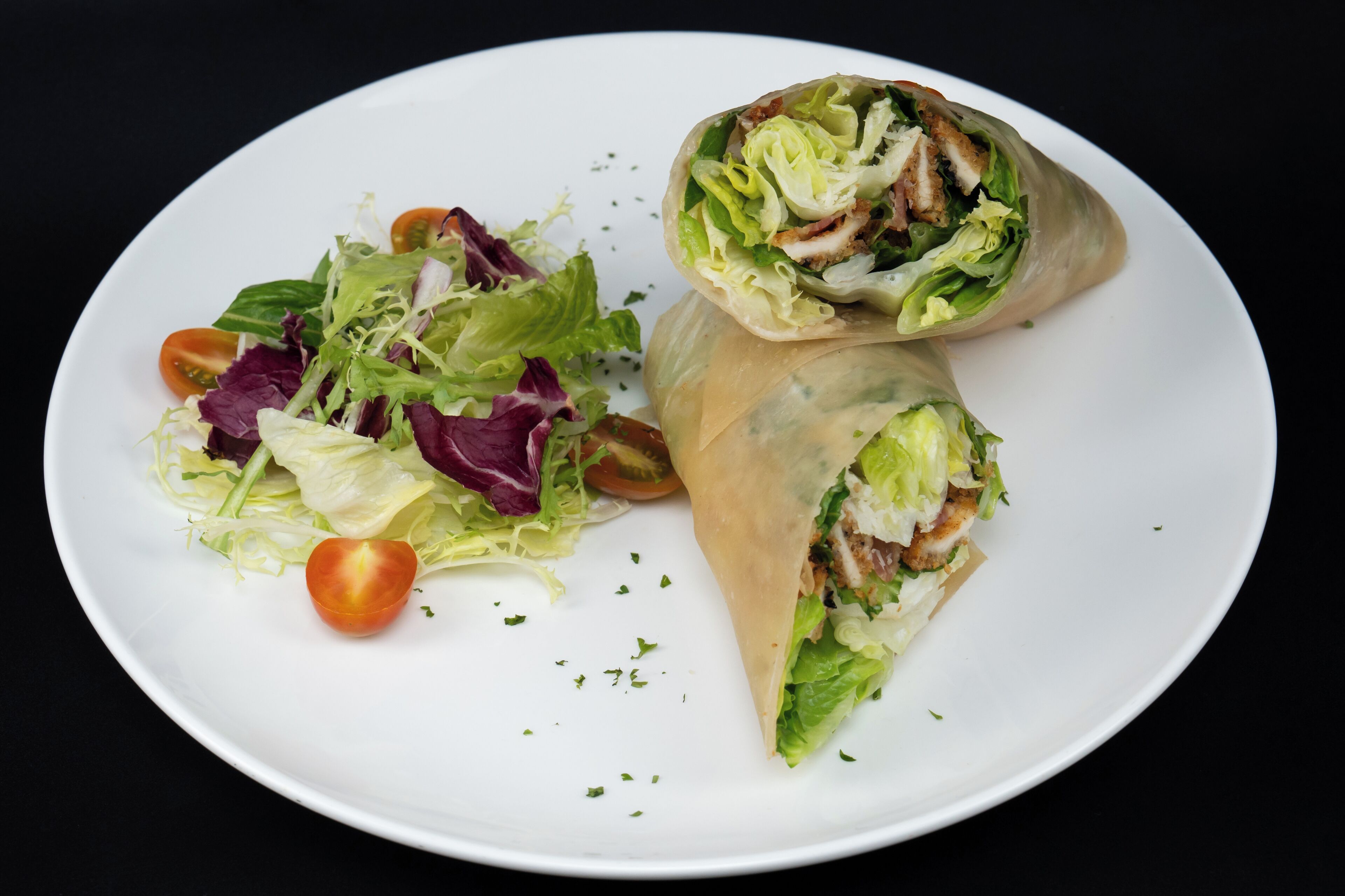 A plate with a wrap and a salad.