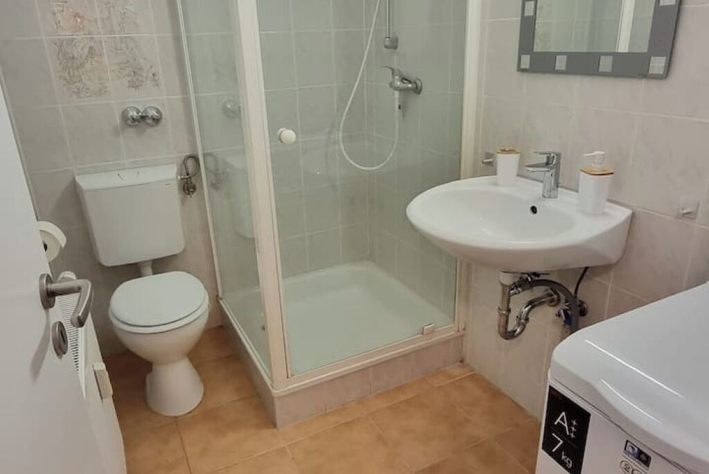 Shower, towels, soap, toilet paper