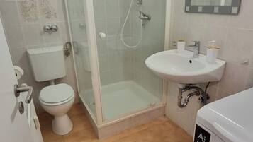Shower, towels, soap, toilet paper