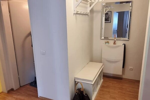 Shower, towels, soap, toilet paper