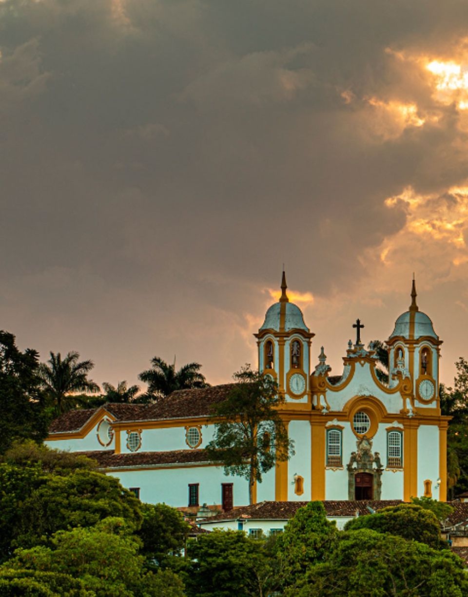 Una iglesia con dos campanarios y una cúpula, rodeada de abundante vegetación.