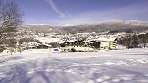 Schneebedeckte Landschaft mit einem großen Chalet, das aus mehreren Gebäuden besteht, umgeben von einem Dorf und Bergen im Hintergrund.