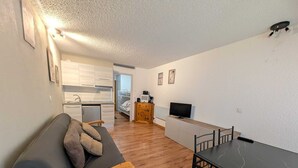 A compact living space with a sofa, a dining table, a TV, and a kitchenette.