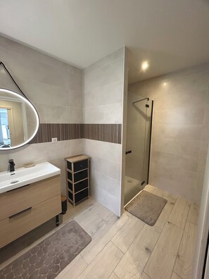 Shower, hair dryer, towels, toilet paper