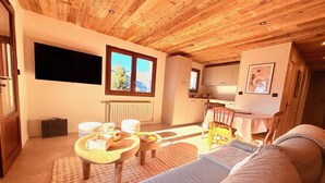 Een gezellige woonkamer met een houten plafond, een groot raam, een televisie, een bank en een klein keukentje.