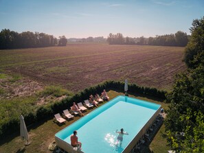 A rectangular swimming pool with lounge chairs and umbrellas, surrounded by a grassy field and trees.