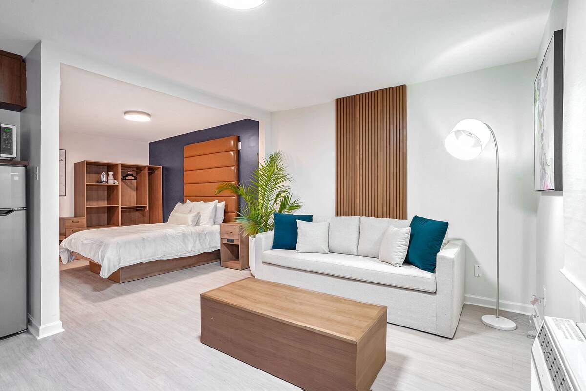 Une chambre d’hôtel moderne comprenant un lit, un canapé, une table basse, une armoire et une plante.