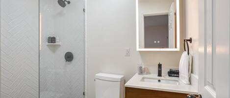 A modern bathroom with a glass shower enclosure, a white toilet, a wooden vanity with a sink, and a mirror above the vanity.