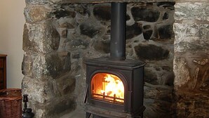 En stenkamin med en vedeldad kamin, en lykta och en röd matta.