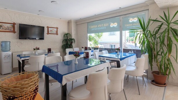 Habitación de hotel con un ventanal grande, un televisor de pantalla plana, una zona de comedor con una mesa azul, sillas blancas y una planta en maceta.