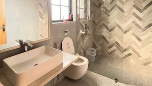 Une salle de bain avec un grand lavabo, des toilettes et un espace douche.