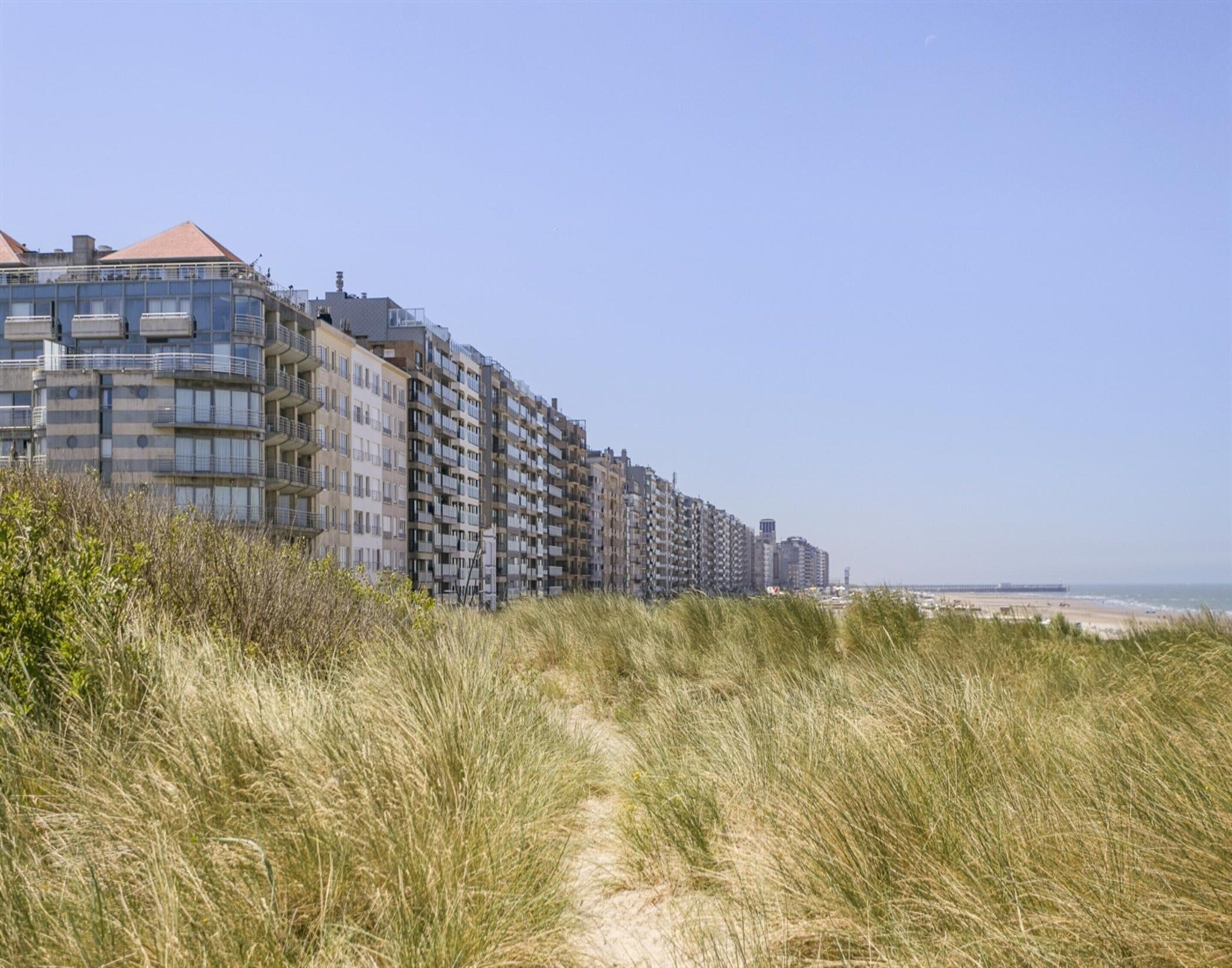 Una fila di edifici alti con balconi, una spiaggia sabbiosa sullo sfondo e un cielo sereno.