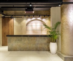 Un área de recepción con mostrador de mármol, una planta grande en maceta y una lámpara fijada a la pared.