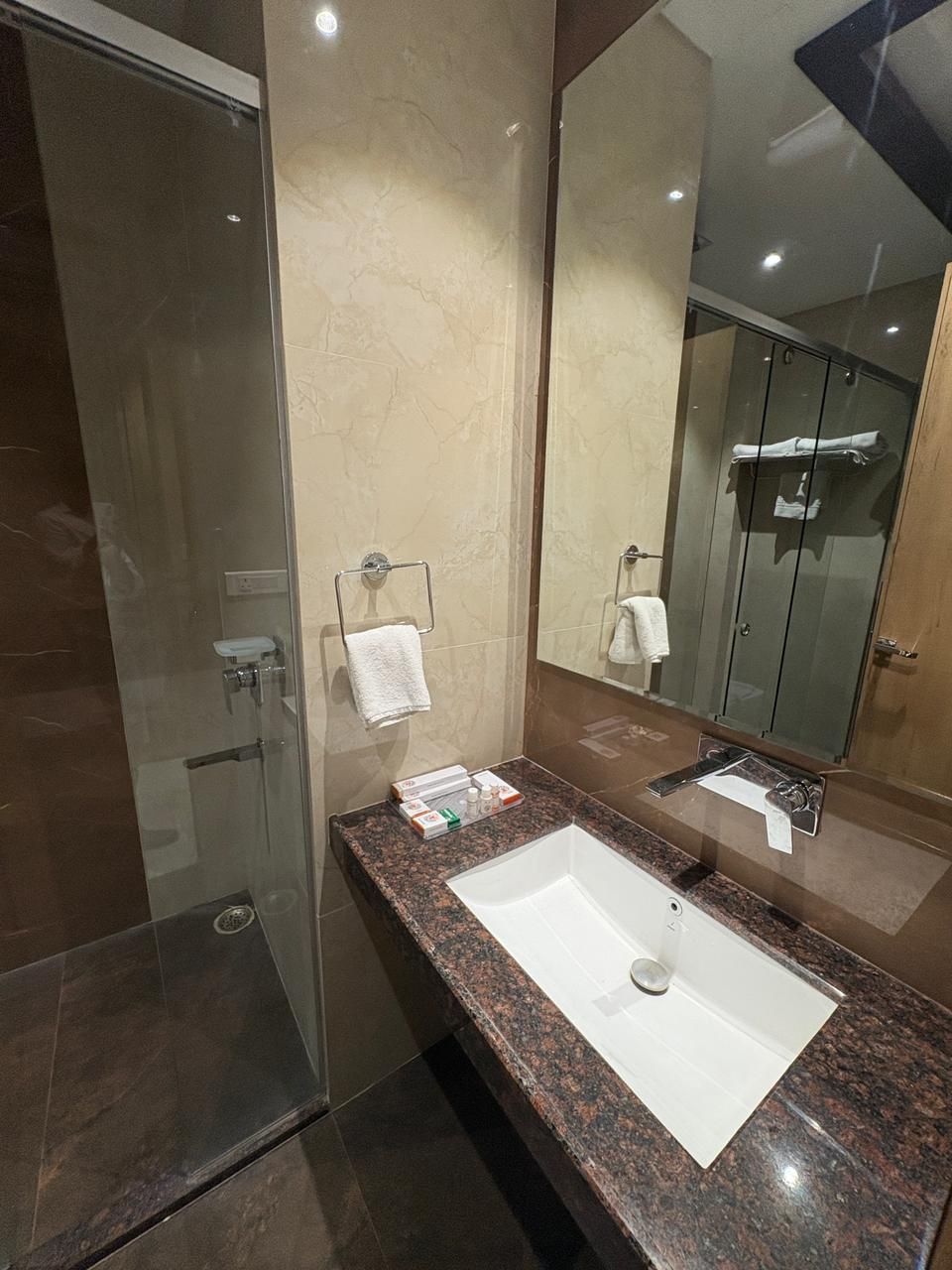 A modern bathroom with a glass shower enclosure, a granite countertop sink, and a large mirror.