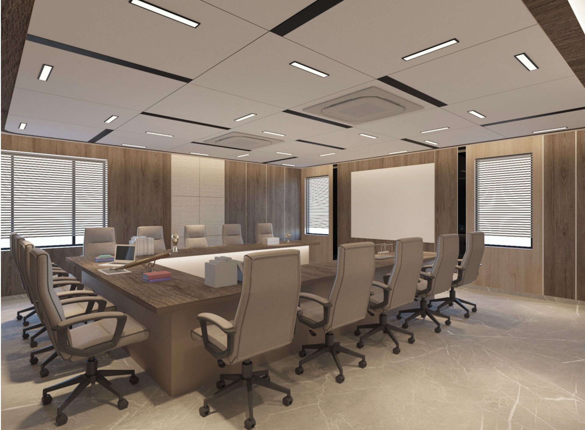 A modern conference room with a long table, multiple chairs, and a large screen.