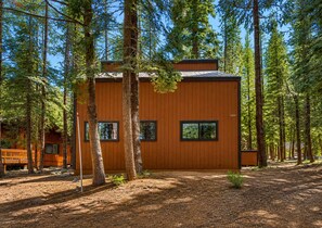 Une cabane moderne aux murs en bois, entourée de grands arbres.