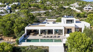 A modern villa with a rooftop pool, surrounded by lush greenery and a hillside.