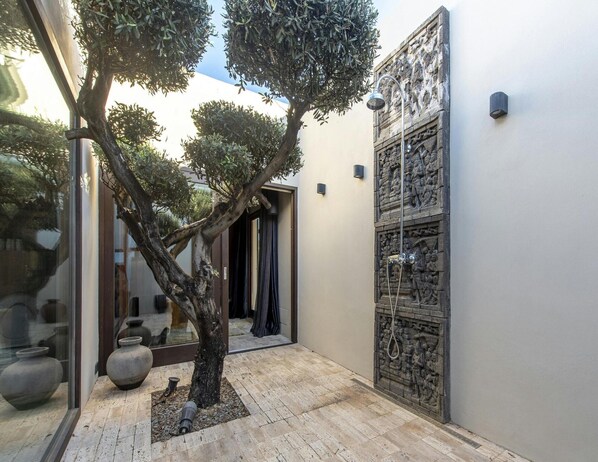 Une cour avec un arbre, un mur de pierre orné de sculptures et une porte en verre.