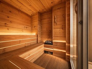 A wooden sauna with benches and a stone heater. - Royalty room spa (Naples)