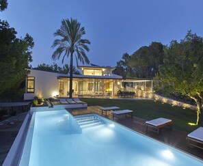 A modern house with a swimming pool, outdoor seating, and a large palm tree. - Luxury Villa With sea and Sunsets Views (Nijar)