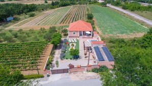 A house with a red roof, surrounded by vineyard fields, a swimming pool, and solar panels.