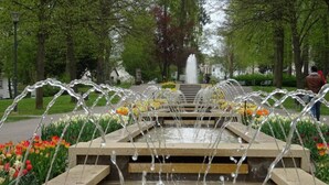 A fountain with water jets in a park with trees and flowers. - Modern Suite in the Taunus (Bad Camberg)
