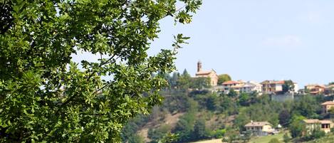 A rural landscape with a hilltop village, houses with red roofs, and a church tower.