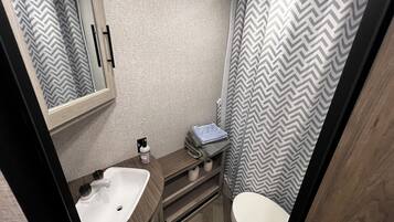 Shower, towels, toilet paper