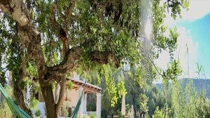 A hammock tied to a tree in a garden area with a pergola and outdoor seating. - Villa With Private Pool (Sant Cebria de Vallalta)