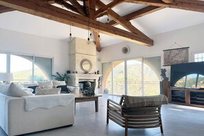 Smart TV, fireplace, books, stereo