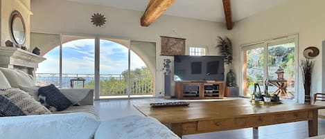 Smart TV, fireplace, books, stereo
