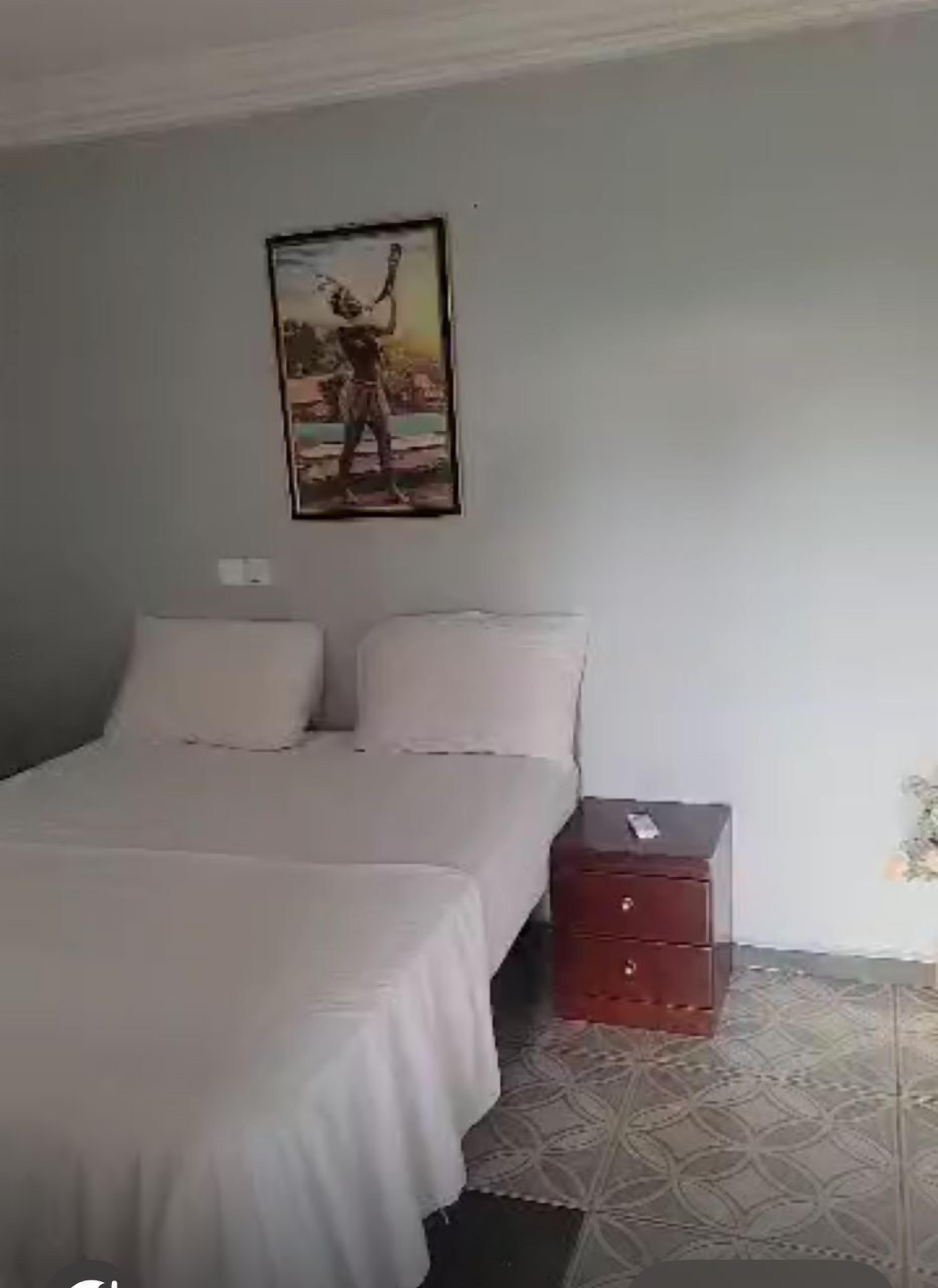 A bedroom with a bed, two pillows, a nightstand, and a framed picture on the wall.