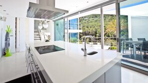 Una cucina moderna con una grande isola, piano cottura integrato e vista su un paesaggio rigoglioso.