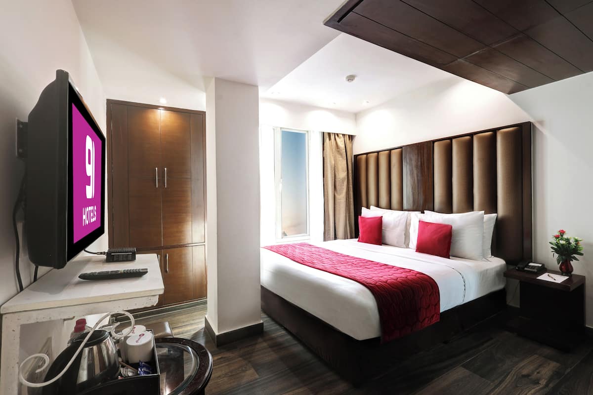 A hotel room with a large bed, a TV, a wardrobe, and a bedside table with a plant.