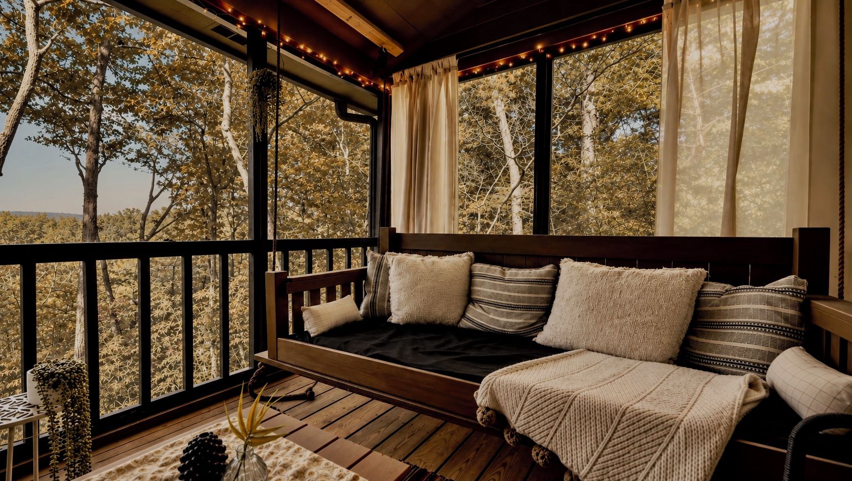 A wooden deck with a bed, curtains, and string lights.