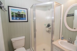 Ein Badezimmer mit Duschkabine, Toilette, Waschbecken und einem gerahmten Bild an der Wand.