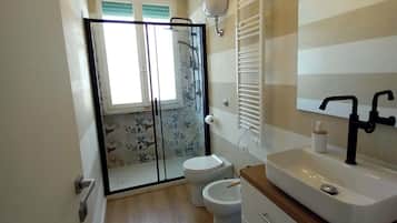 Shower, hair dryer, bidet, towels
