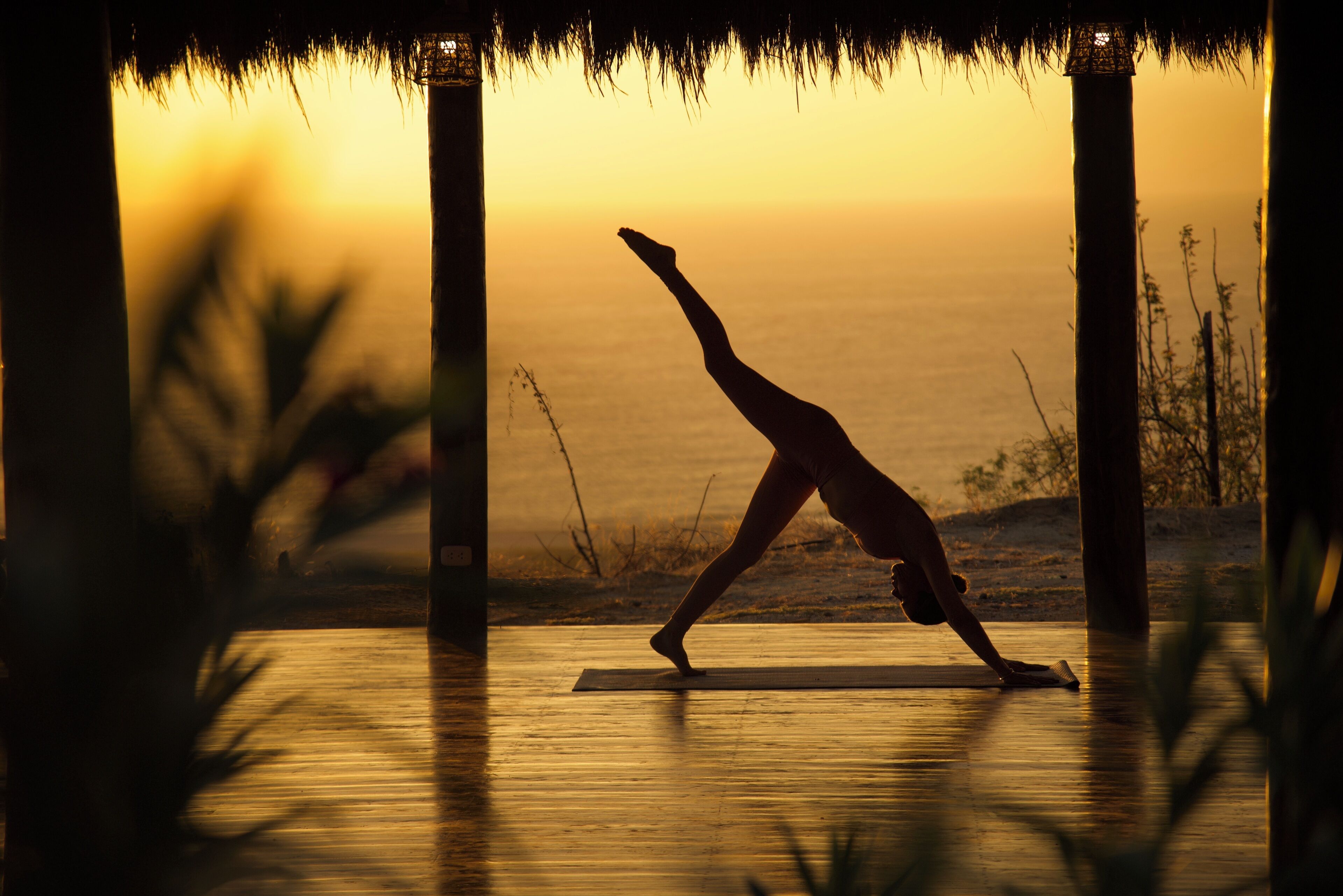 A silhouette of a person performing a yoga pose on a mat, with a sunset and ocean view in the background.