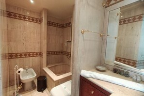 Hair dryer, bidet, towels