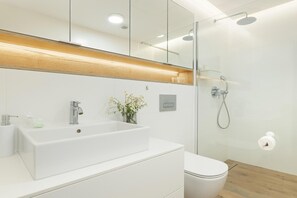 A modern bathroom with a glass shower enclosure, a white sink, and a toilet.