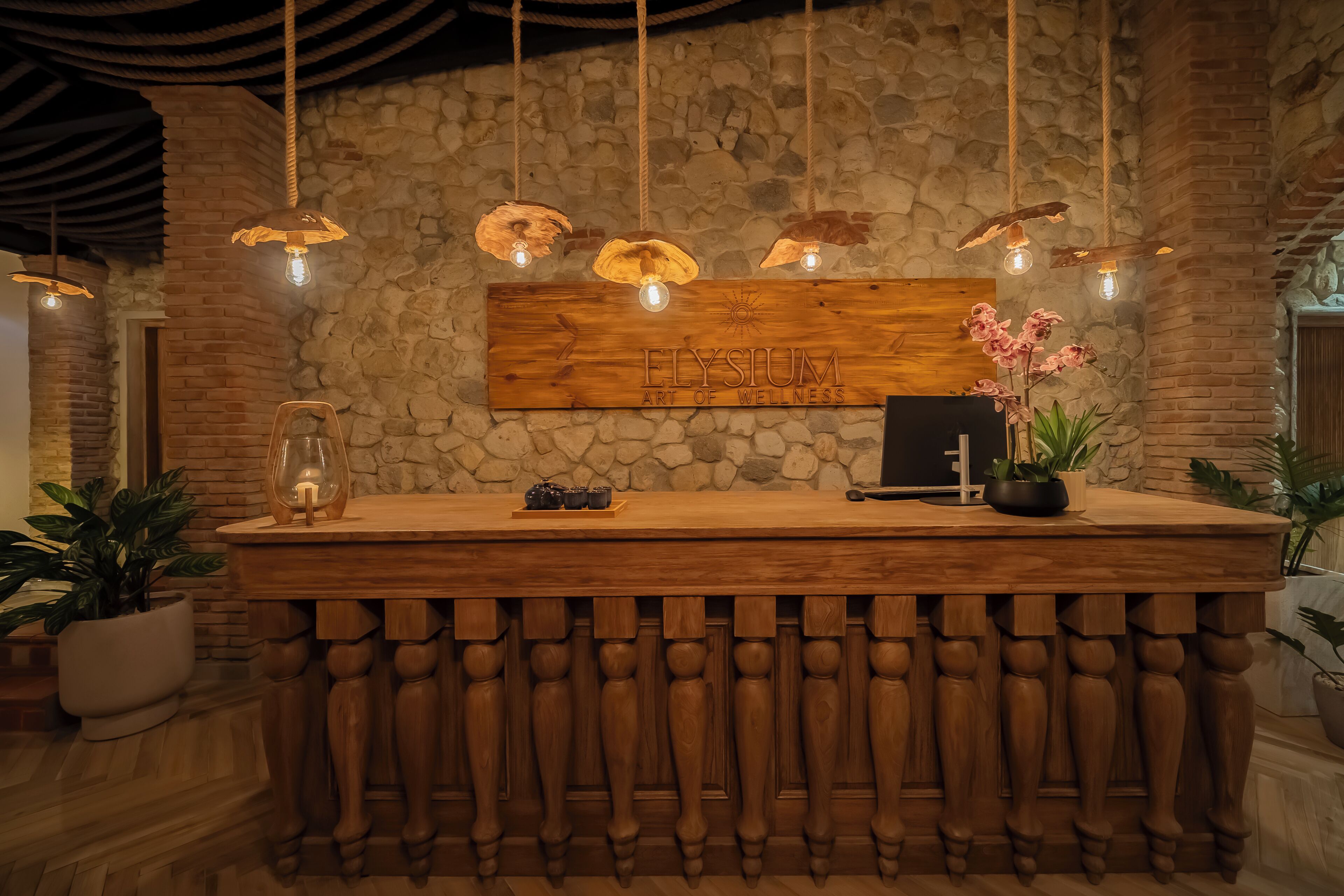 Un mostrador de recepción con un letrero de madera que dice "Elysium Art of Wellness", rodeado de plantas en macetas y lámparas colgantes.