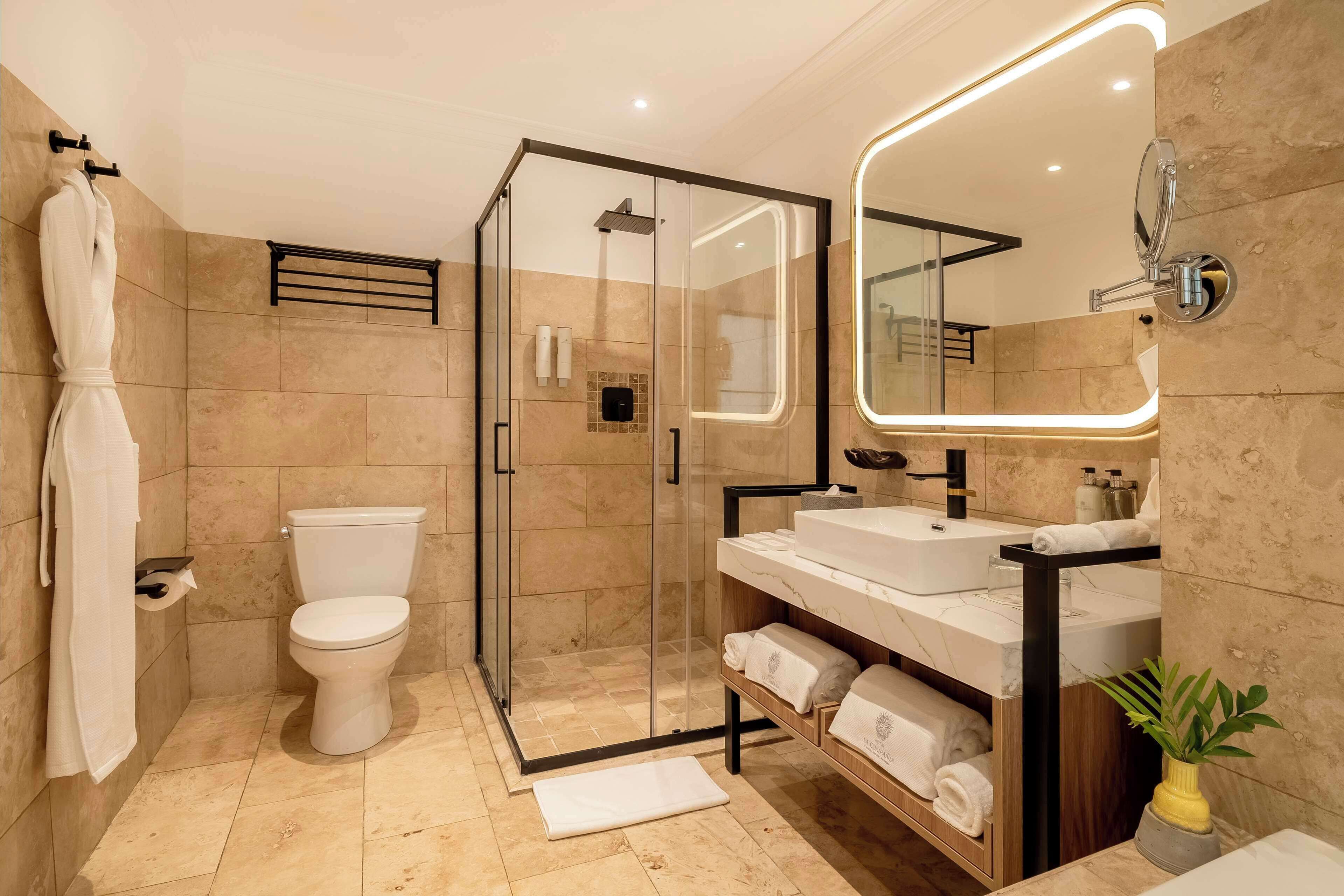 A modern bathroom with a glass-enclosed shower, a toilet, a vanity with a mirror, and a towel rack.