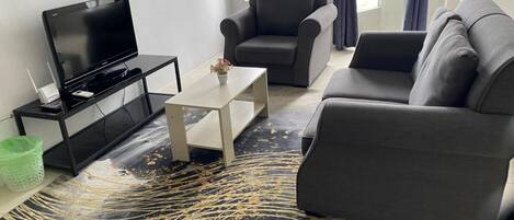 Una sala de estar moderna con un televisor de pantalla plana, sofás grises, una mesa de centro y una alfombra estampada.