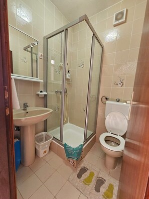 Shower, hair dryer, towels