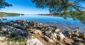 A rocky shoreline with clear water and distant land.