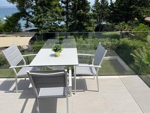 Une terrasse extérieure avec une table et des chaises en verre, une petite plante en pot et une vue sur la mer et les arbres.