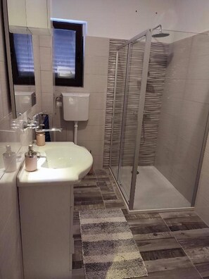 Shower, hair dryer, towels, toilet paper